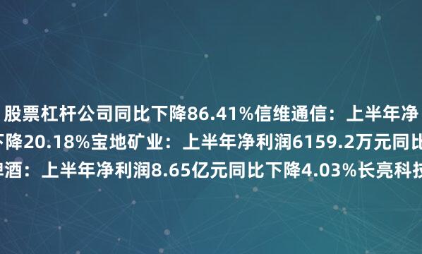 股票杠杆公司同比下降86.41%信维通信：上半年净利润1.62亿元同比下降20.18%宝地矿业：上半年净利润6159.2万元同比下降40.11%重庆啤酒：上半年净利润8.65亿元同比下降4.03%长亮科技：上半年净利润亏损1910.85万元华映科技：上半年净利润亏损4.76亿元